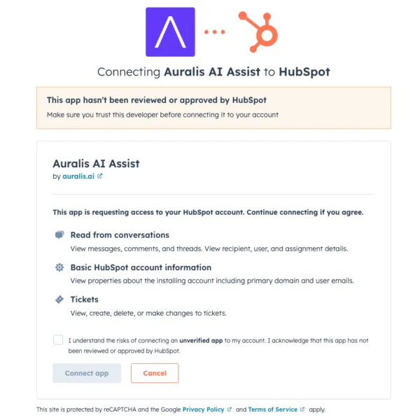 Approving the HubSpot permissions Auralis needs to access conversations and tickets