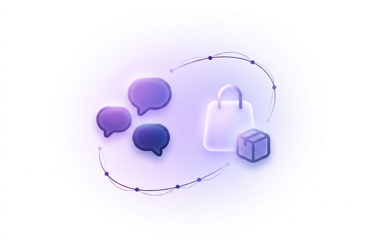 Abstract 3D illustration of AI-powered retail and ecommerce customer support: a glowing glassy shopping bag and delivery package beside soft purple chat bubbles, encircled by a dotted order-tracking path, on a light near-white background.