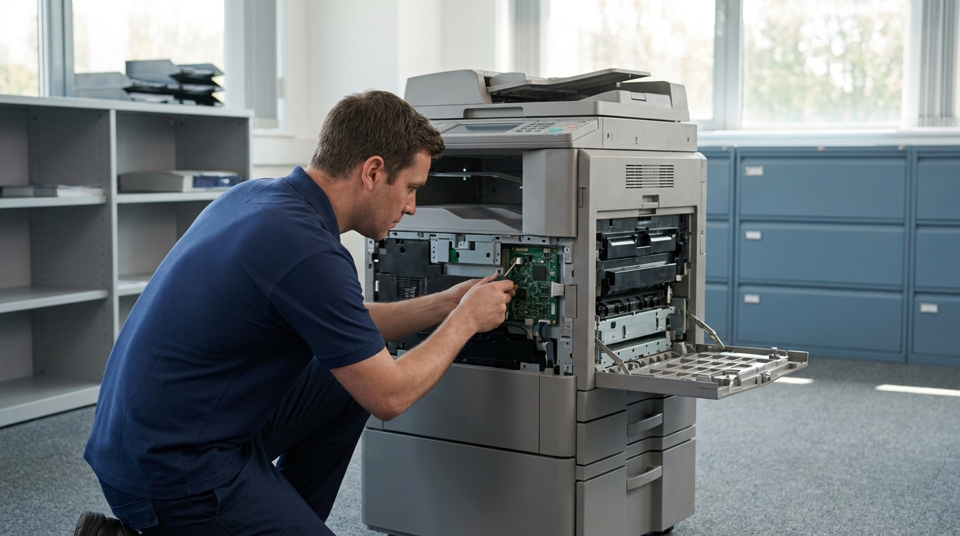 A service technician working on an office multifunction printer