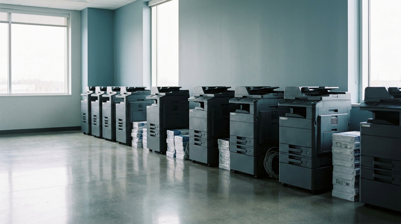 A row of office multifunction printers in a corporate print room