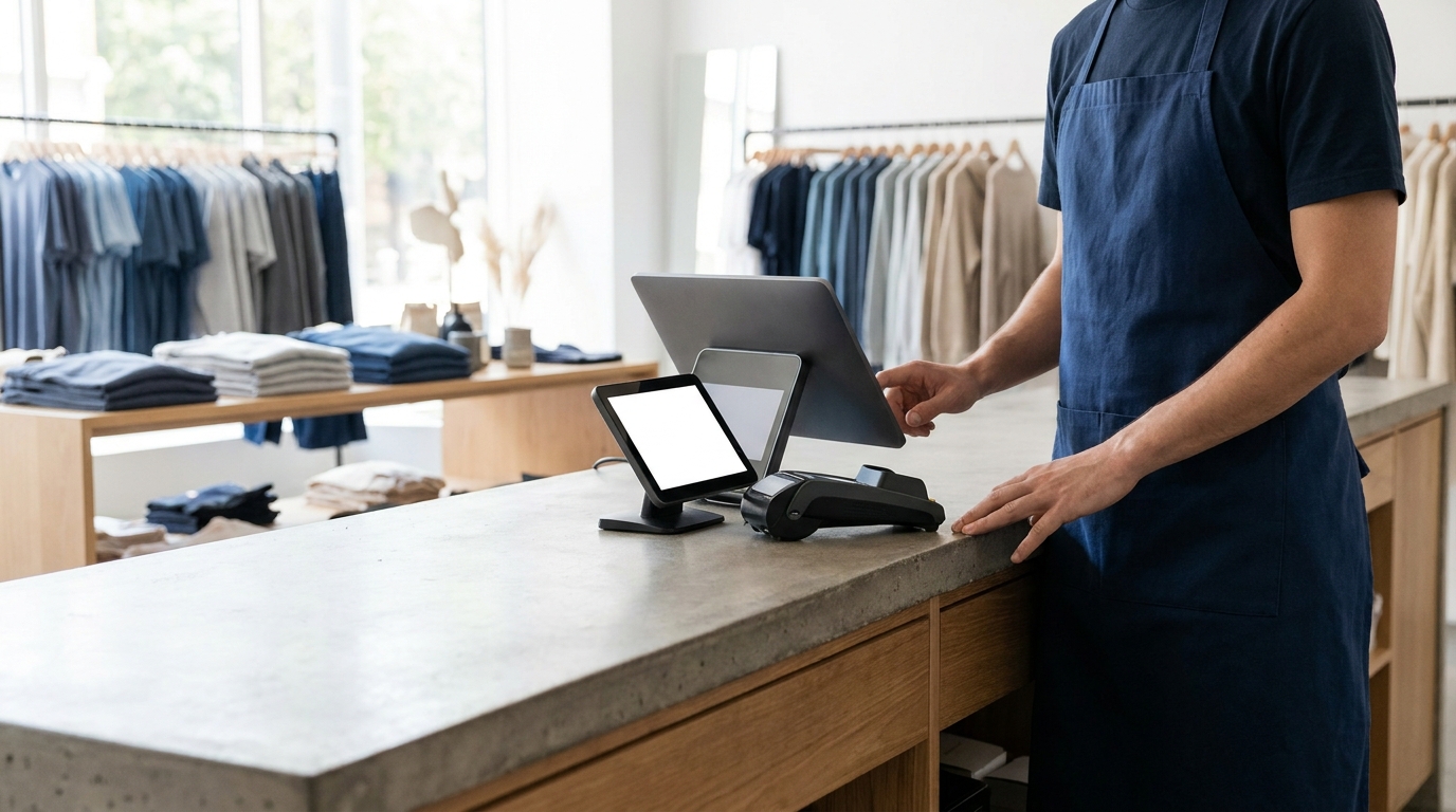A retail assistant using a point-of-sale terminal at a shop counter