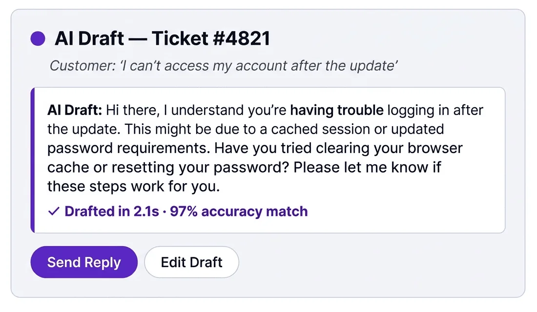 Helpdesk Assist AI reply drafting in the ticket view