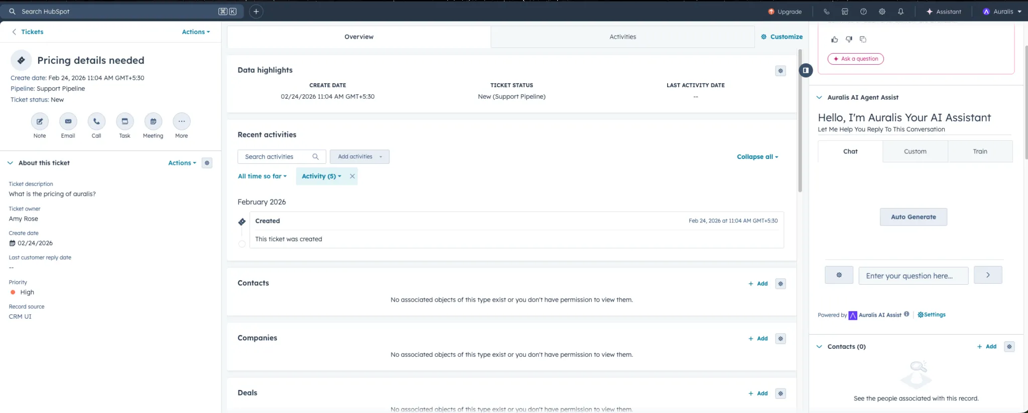 Auralis generating a context aware reply suggestion inside a HubSpot conversation