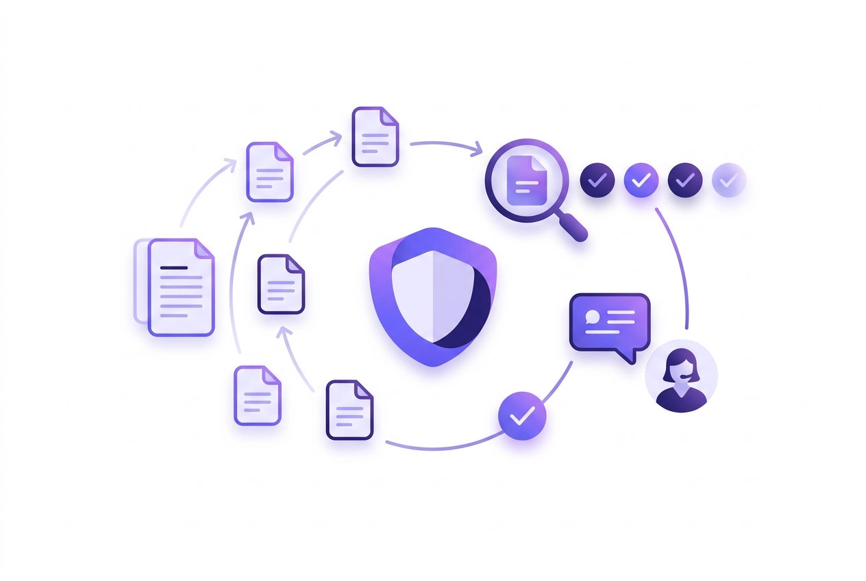 Abstract illustration of AI-automated insurance claims support: claim documents flowing through review into approval checkmarks around a central protection shield, with a support agent and chat assistant
