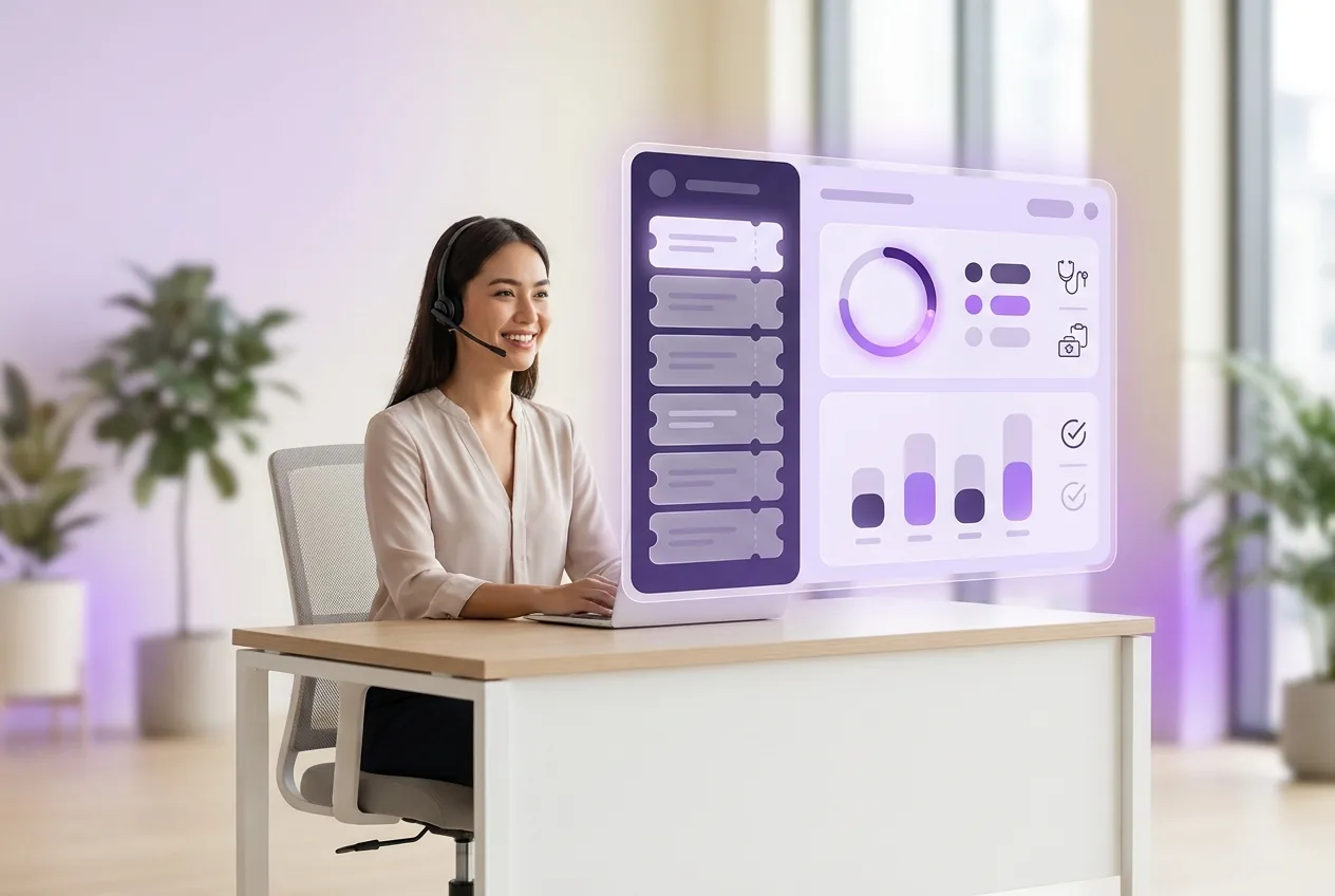 Customer-support agent wearing a headset at a clean desk beside a floating medical-device support helpdesk dashboard showing ticket cards, a progress ring, a bar chart, and stethoscope and compliance icons in Auralis purple