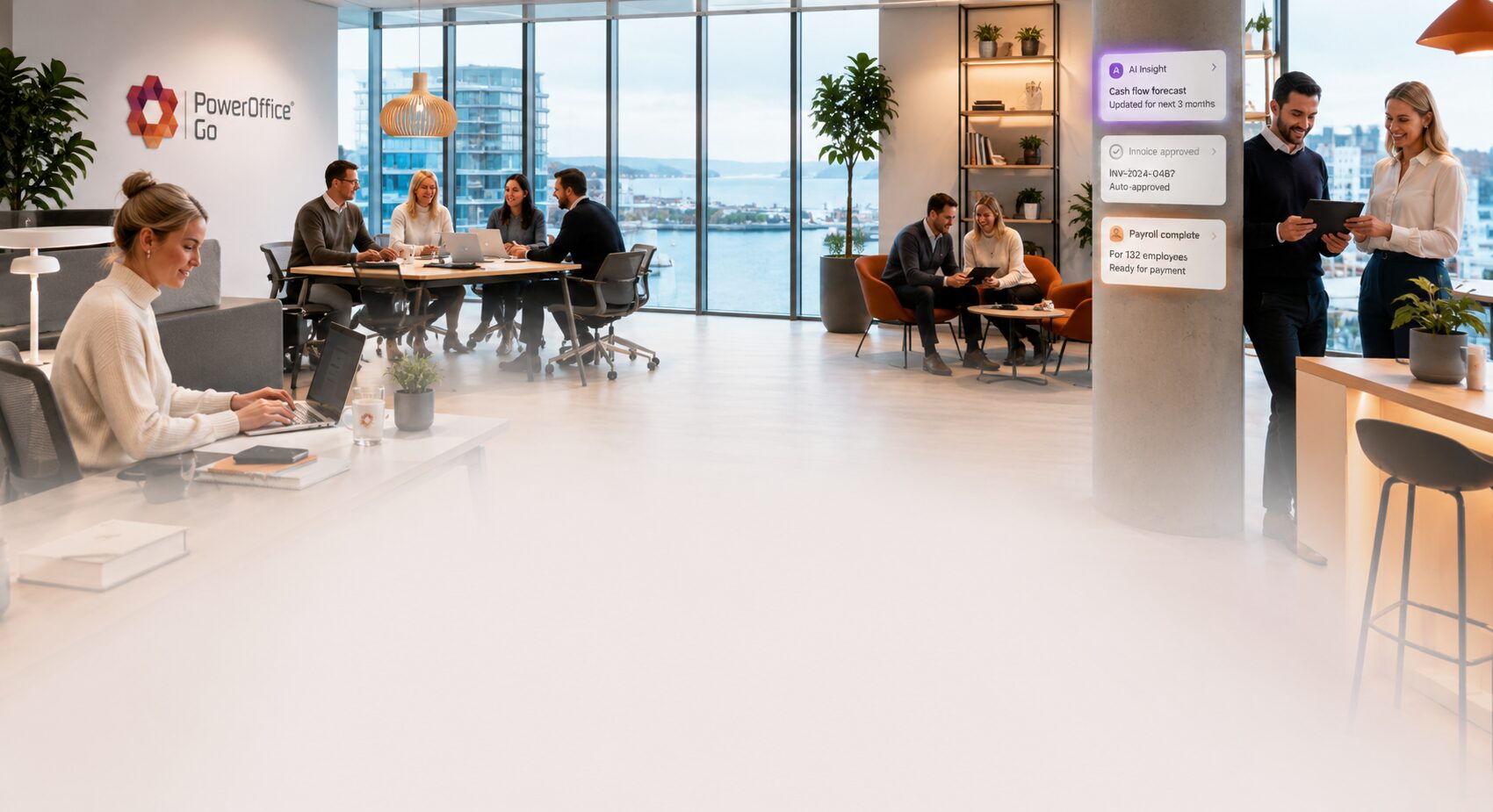 PowerOffice Go team collaborating in a modern office using Auralis AI-powered support automation for cloud ERP platform