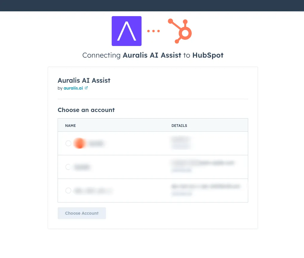 Selecting a HubSpot account to connect Auralis to during installation