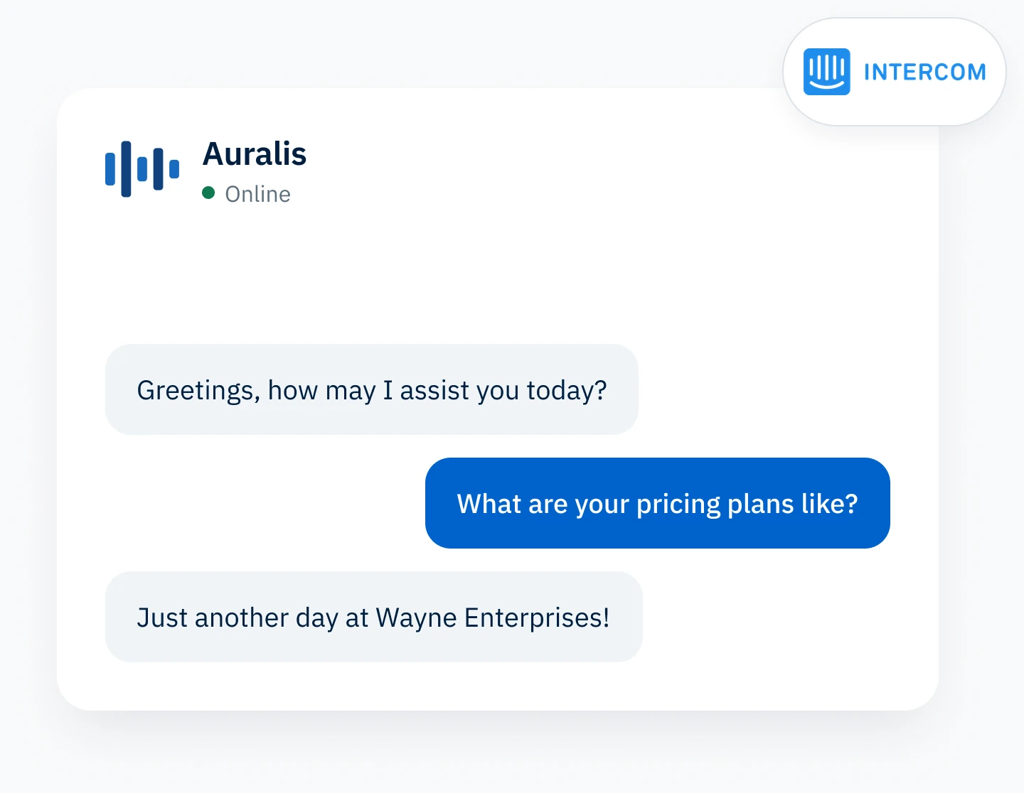 The Auralis chat widget answering a customer, connected to Intercom