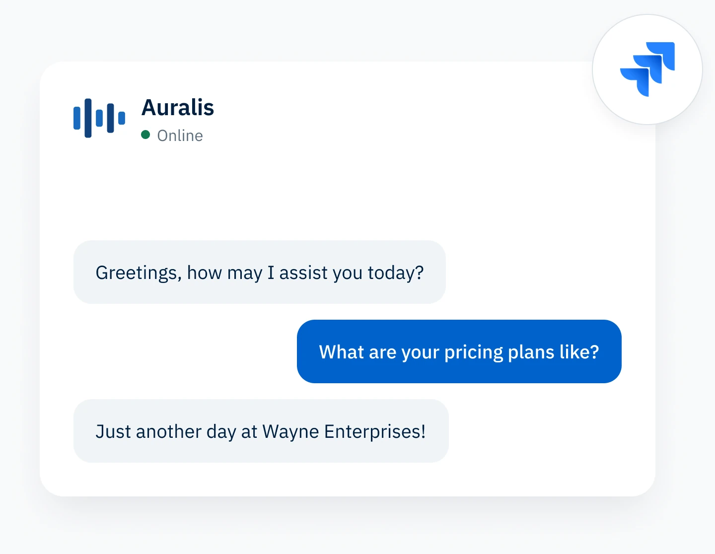 The Auralis chat widget answering a customer, connected to Jira Service Desk