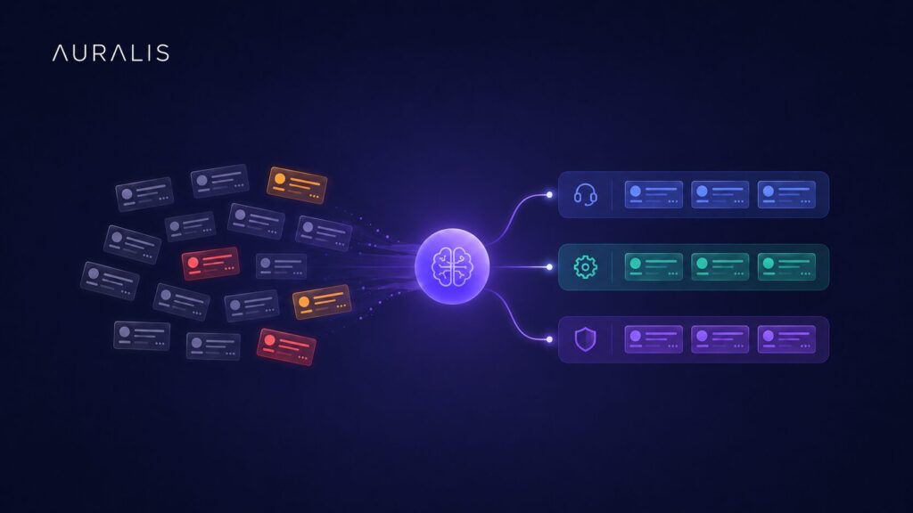 Flow diagram showing how AI fixes ITSM bottlenecks, with scattered unsorted IT tickets on the left routed through an AI agent into neatly sorted queues on the right