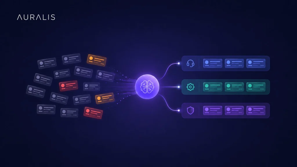 Flow diagram showing how AI fixes ITSM bottlenecks, with scattered unsorted IT tickets on the left routed through an AI agent into neatly sorted queues on the right