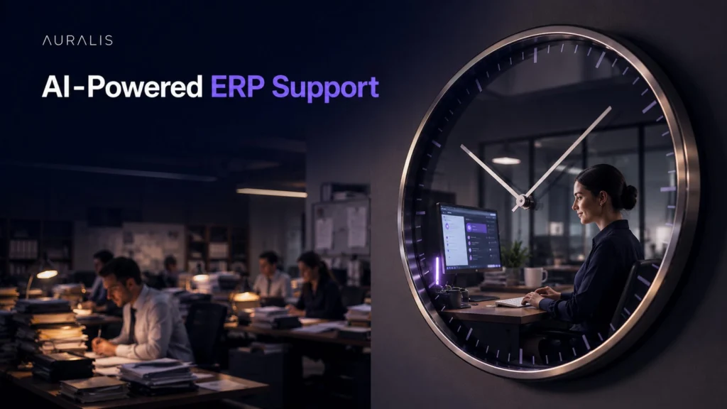 A low-angle shot of a clock reflecting one calm professional using AI while a busier traditional office works behind, representing AI-powered ERP support for D365 help desks