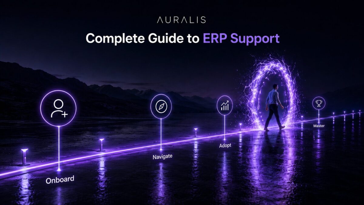 A professional stepping through a glowing Auralis-purple portal past stages labeled onboard, navigate, adopt, and master, representing the journey to ERP mastery with ERP support automation