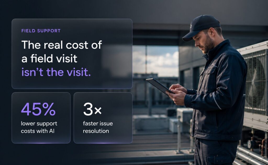 Frosted-glass infographic over a photo of a field service technician, showing how AI cuts field support costs by 45 percent and delivers 3x faster resolutions