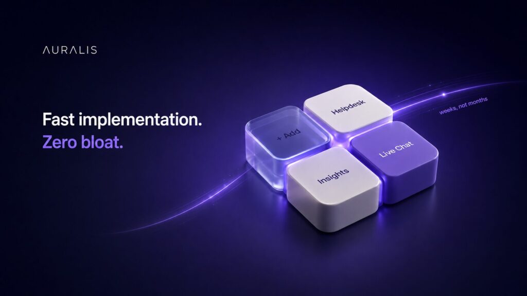 Photoreal 3D render of four Auralis AI modules, Helpdesk, Live Chat, Insights, and Add, snapping together to show Managed AI solutions with fast implementation and zero bloat