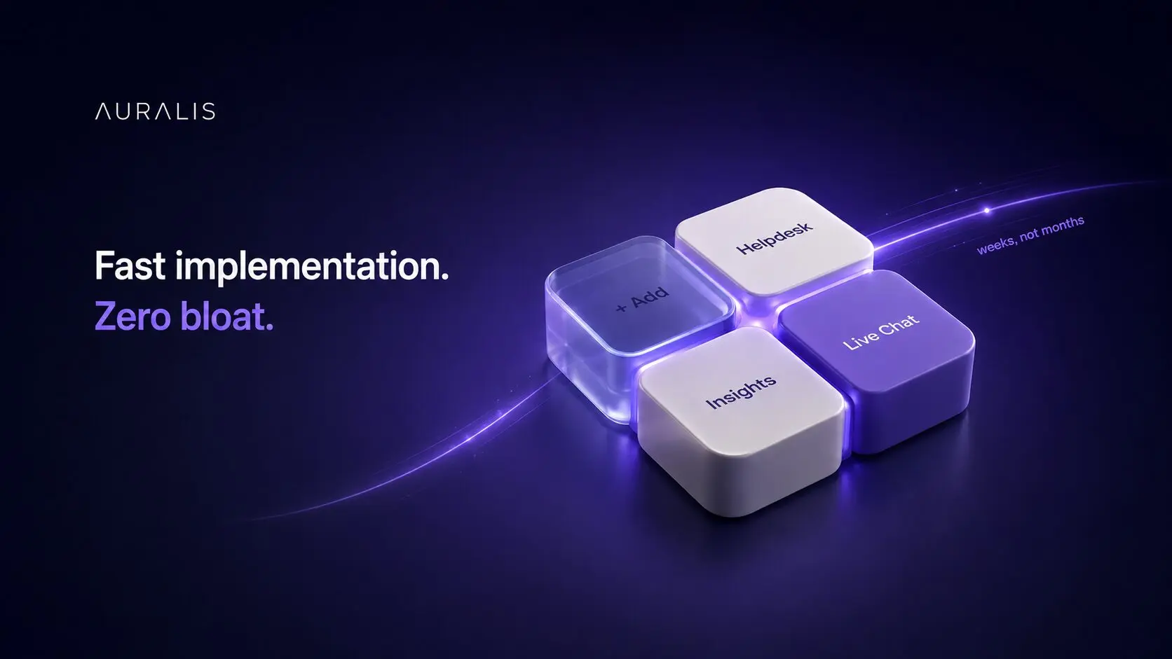 Photoreal 3D render of four Auralis AI modules, Helpdesk, Live Chat, Insights, and Add, snapping together to show Managed AI solutions with fast implementation and zero bloat