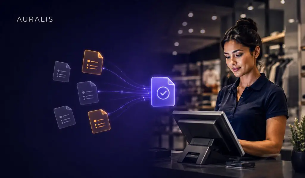 Retail associate at a POS terminal beside a graphic of scattered, conflicting documents converging into one unified source of truth, representing retail POS documentation unification